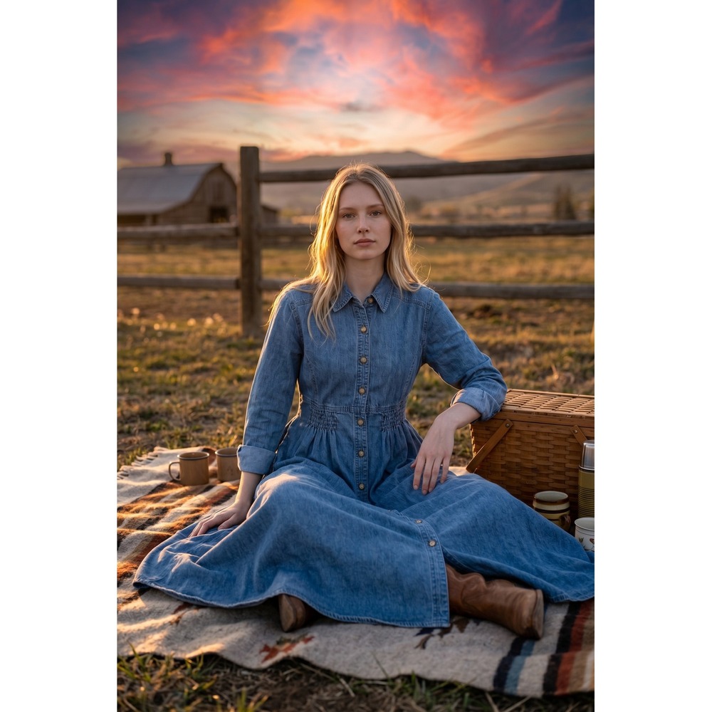 Vintage Denim Maxi Dress Smocked Waist Button Front Long Sleeve Blue Jean Dress
